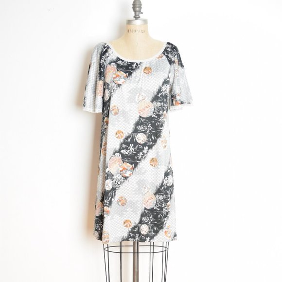 vintage 70s nightgown lingerie dress ASIAN print flutter hippie boho mini M - Picture 2 of 7